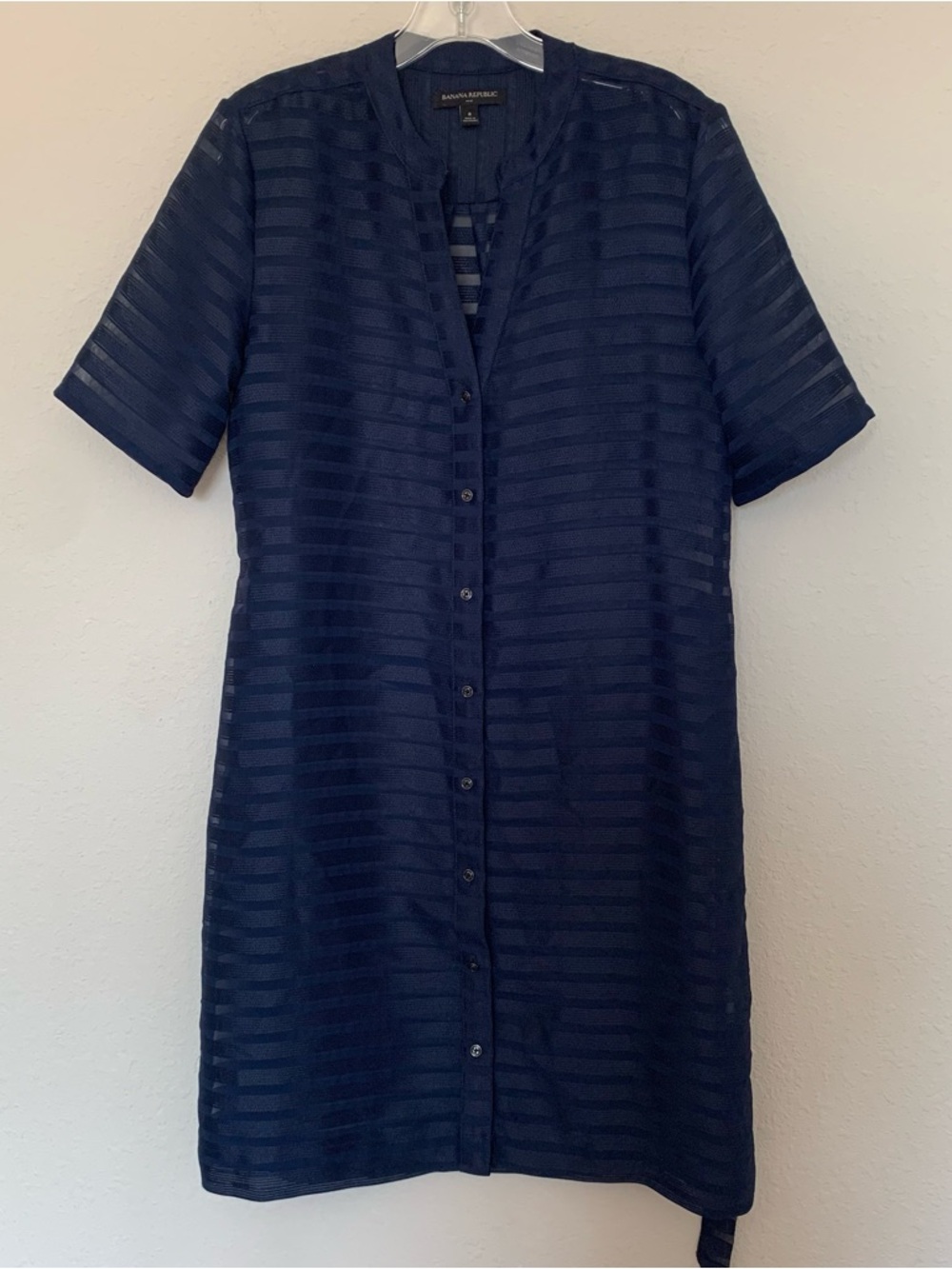Banana Republic Navy Blue Sheer Horizontal Stripe Button Front Shirt Dress 8